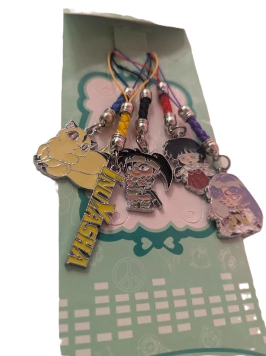 5-piece Inuyasha anime metal charm set with colorful straps for bags or phones