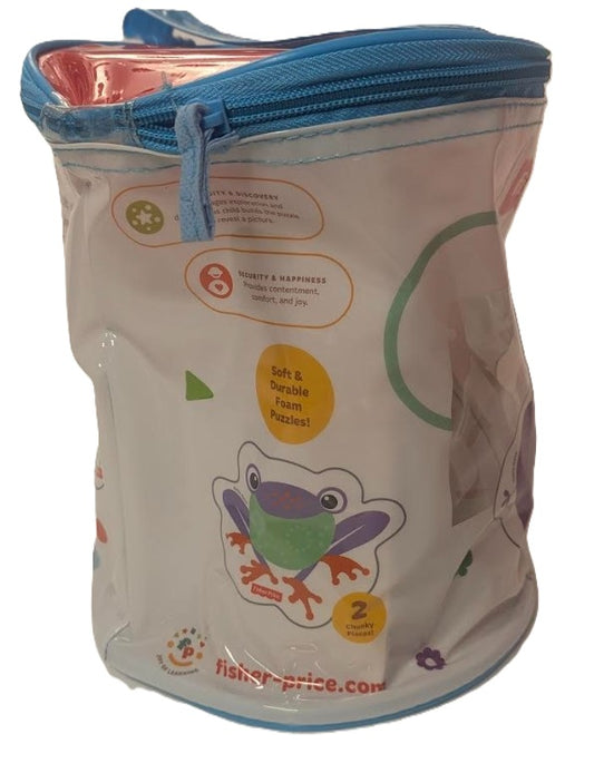 Fisher-Price Rainforest Bath Puzzle set with colorful foam animal pieces and zippered case