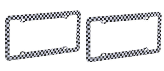 Set of 2 black and white checkered license plate frames made of plastic