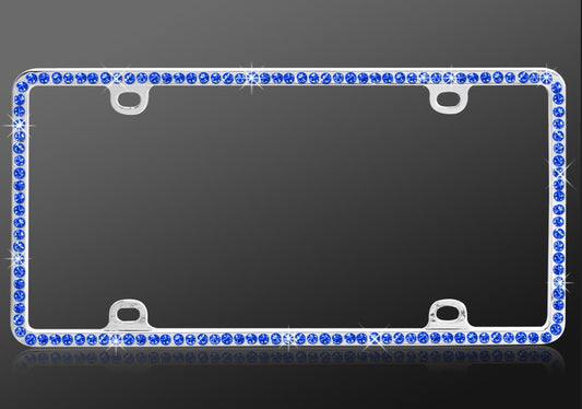 Blue crystal chrome license plate frame single row rhinestones