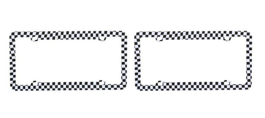 Set of 2 black and white checkered license plate frames made of plastic