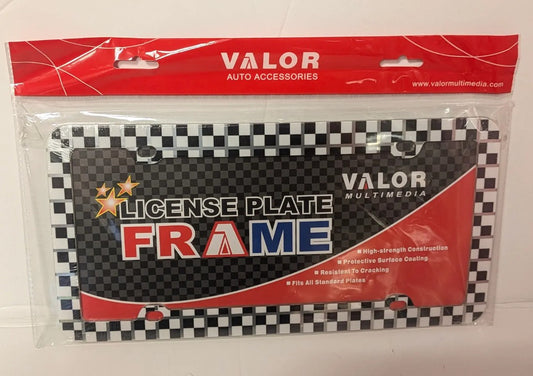 Checkered license plate frame with silver accent line, single ABS plastic frame