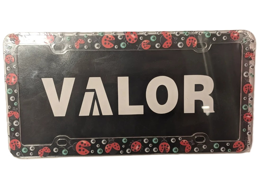 Ladybug car license plate cover with clear plastic frame and cute red ladybug design