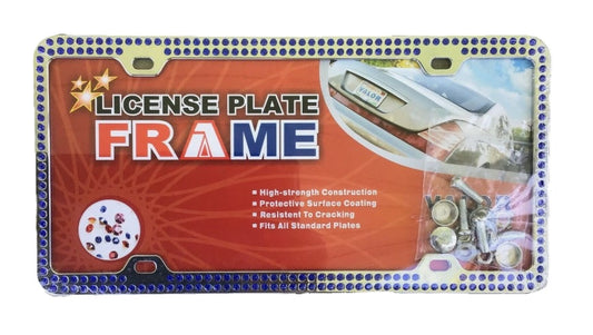 Chrome license plate frame with double row blue crystals and mounting hardware