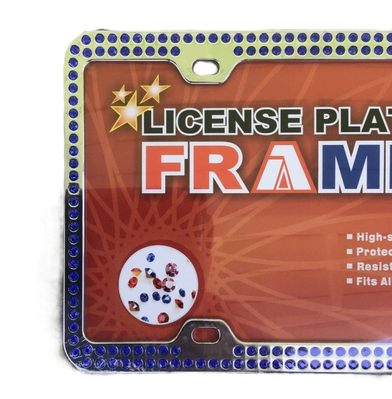 Blue Crystal Chrome Metal License Plate Frame - Double Row Rhinestones