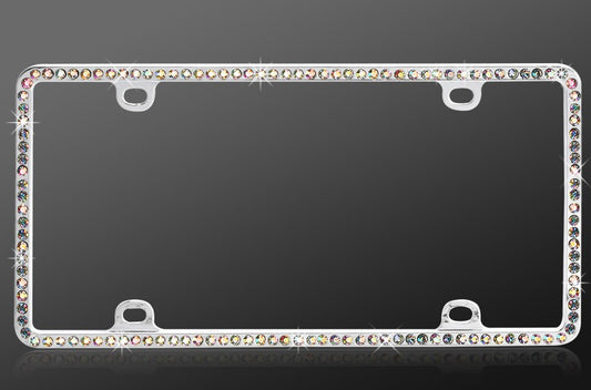 Multicolor Crystal License Plate Frame – Chrome Metal, Single Row, Sparkly Design
