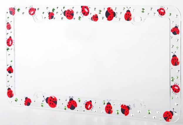 Ladybug car license plate cover with clear plastic frame and cute red ladybug design