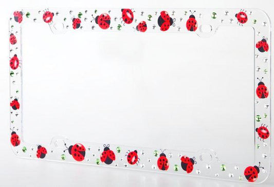 Ladybug car license plate cover with clear plastic frame and cute red ladybug design