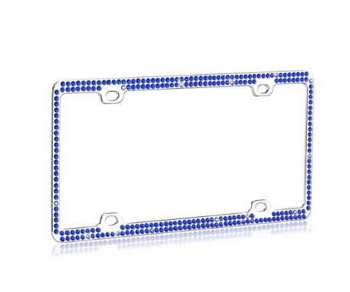 Chrome license plate frame with double row blue crystals and mounting hardware