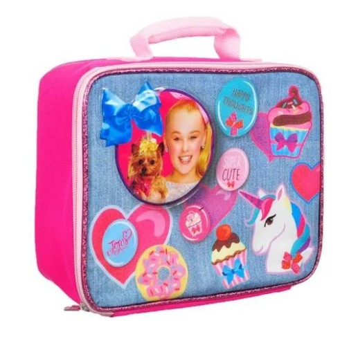 Jojo Siwa pink insulated lunch bag with denim-style front and colorful patches