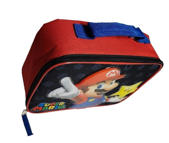 "Side view of red Super Mario lunch tote with blue handle"