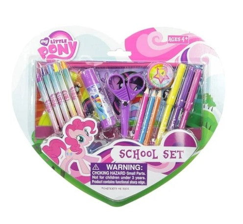 Front view of MLP school set packaging featuring Pinkie Pie and colorful supplies