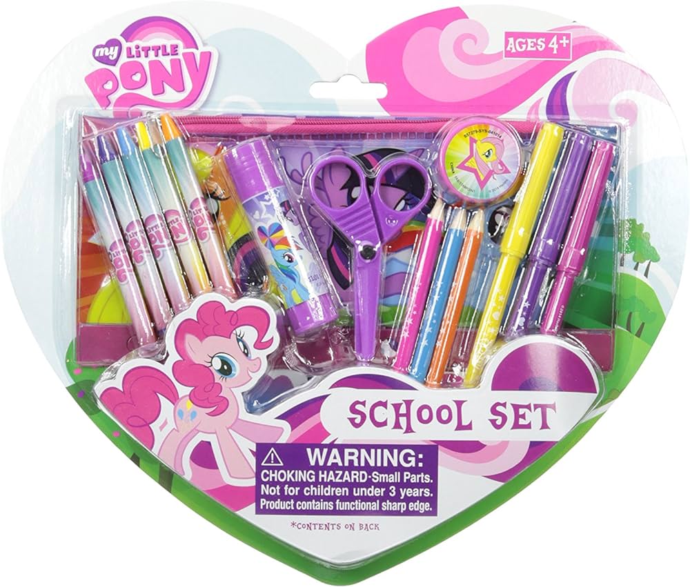 My Little Pony heart-shaped art supply set with crayons, markers, and sketch pad