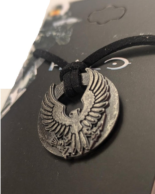Halo Spartan logo necklace with black cord, cosplay accessory for gamers