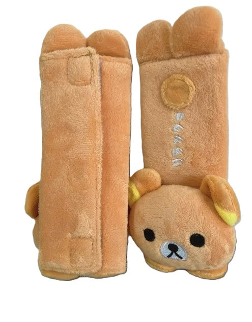 Plush Rilakkuma bear seatbelt pad pair – soft and comfy shoulder cover for car or stroller straps
