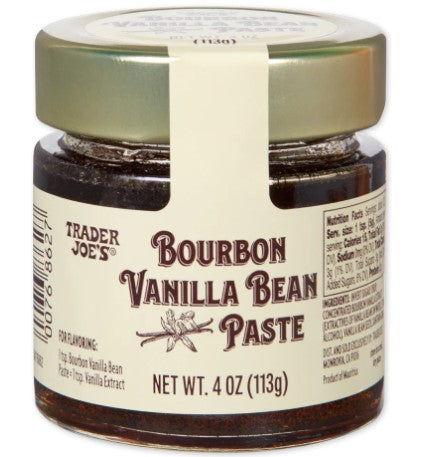 Trader Joe’s Bourbon Vanilla Bean Paste 4 oz glass jar with rich, dark vanilla specks – perfect for baking and flavoring drinks.