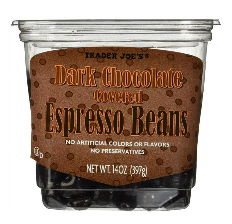 Trader Joe’s Dark Chocolate Espresso Beans in clear tub –  14 oz