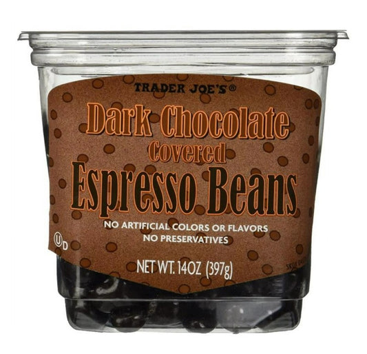 Trader Joe’s Dark Chocolate Espresso Beans in clear tub –  14 oz