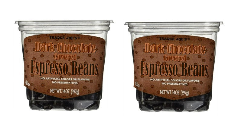 Trader Joe’s Dark Chocolate Espresso Beans in clear tub – 2 pack, 14 oz each