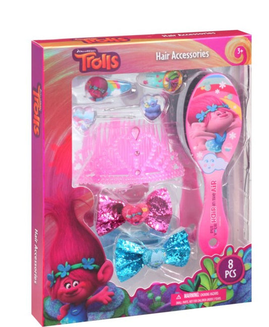 DreamWorks Trolls hair accessories set in packaging with Poppy on the brush