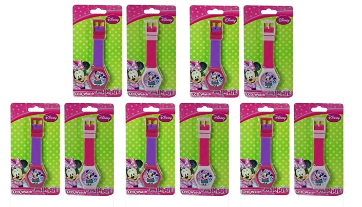 10-pack Minnie Mouse LCD watches with pink and purple straps, great for party favors