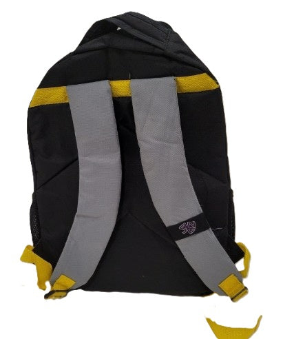 Back view showing padded straps and yellow trim