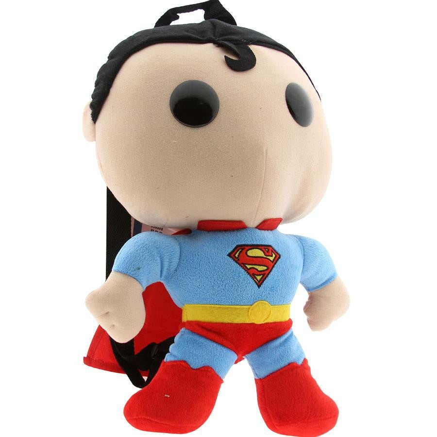 Superman plush backpack close-up with S logo