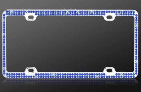 Chrome license plate frame with double row blue crystals and mounting hardware