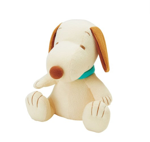 Soft 8-inch Snoopy baby rattle plush toy with blue collar, designed for newborns