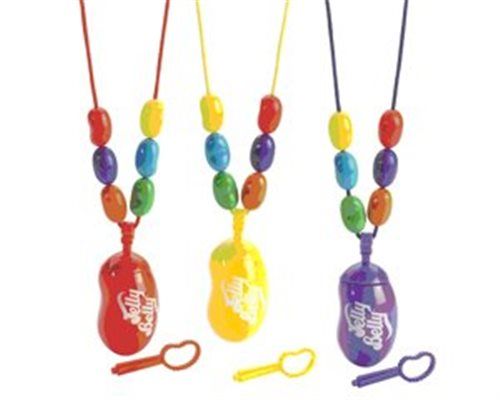 Girl blowing bubbles with Jelly Belly necklaces

