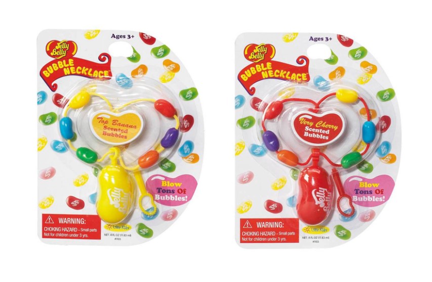 Jelly Belly Bubble Necklace in retail packaging – Very Cherry, Top Banana

