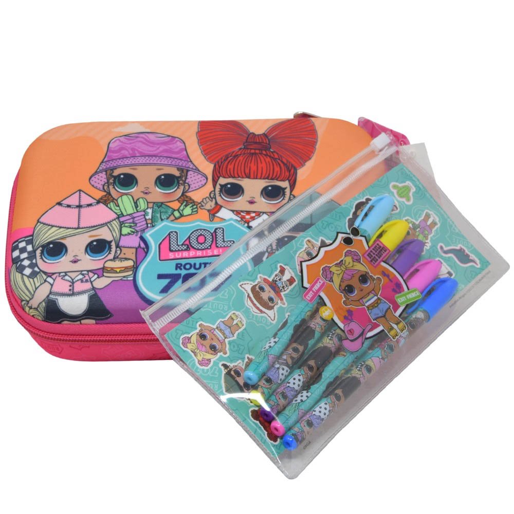 LOL Surprise pencil case set with gel pens, stickers, and PVC pouch – Route 707 theme

