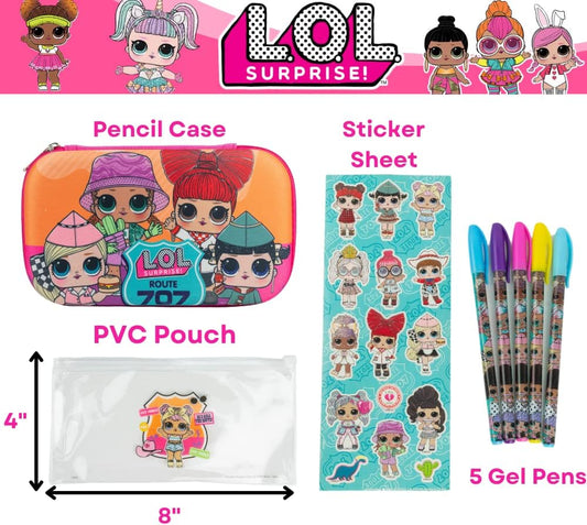 LOL Surprise pencil case set with gel pens, stickers, and PVC pouch – Route 707 theme

