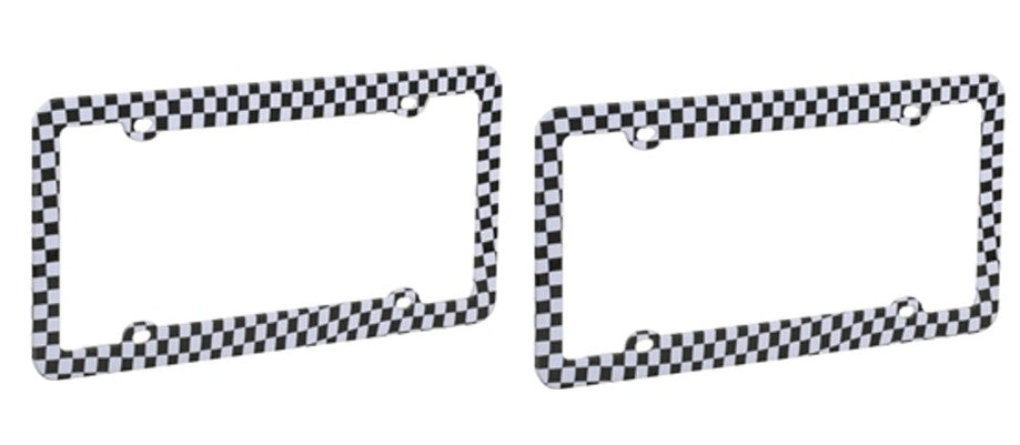 Set of 2 black and white checkered license plate frames made of plastic

