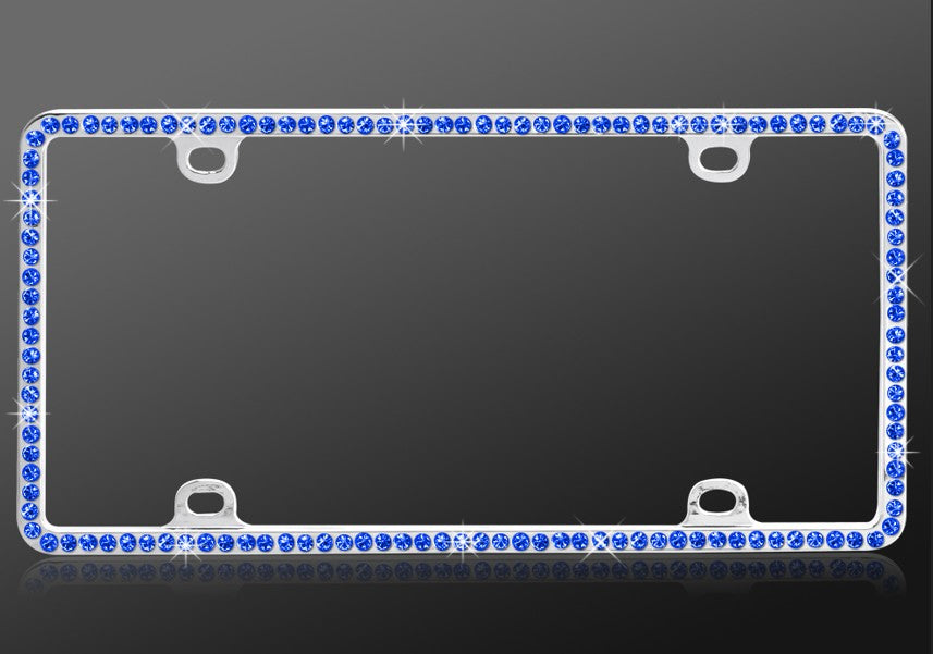 Blue crystal chrome license plate frame single row rhinestones

