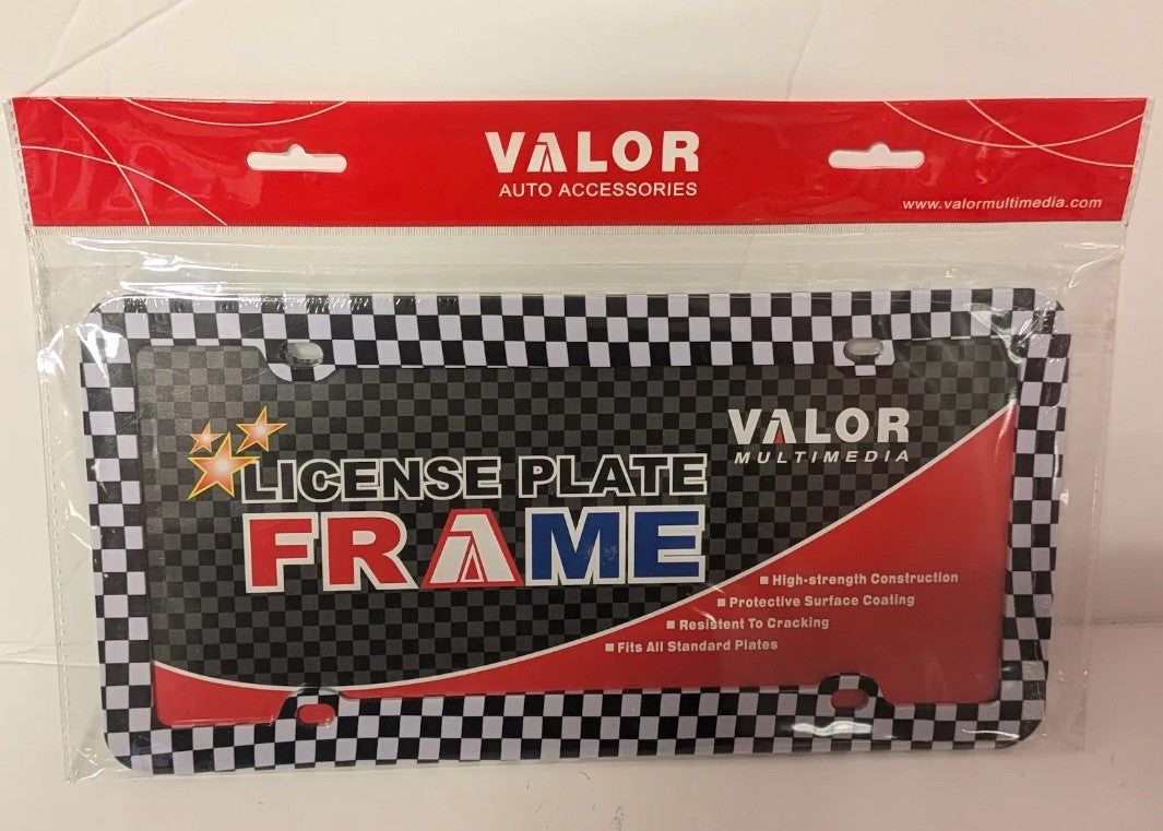 black and white checkered license plate frames made of plastic