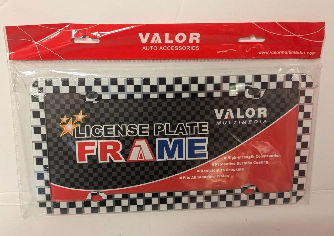 Checkered license plate frame with silver accent line, single ABS plastic frame

