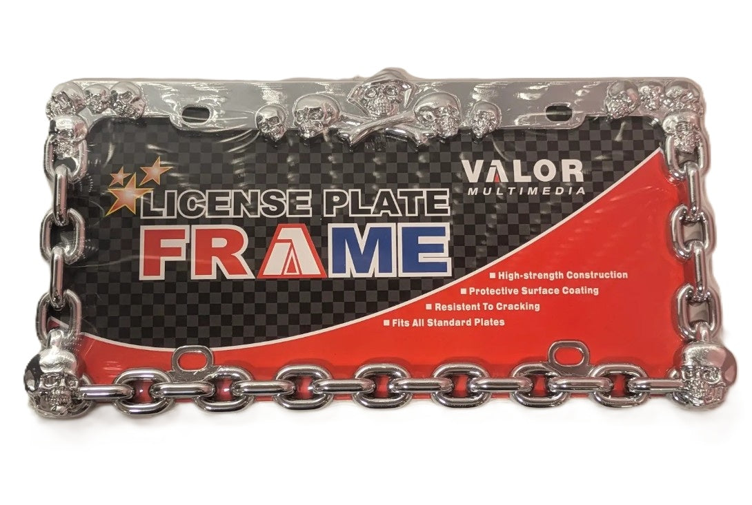 Chrome metal skull chain license plate frame for cars and truck
