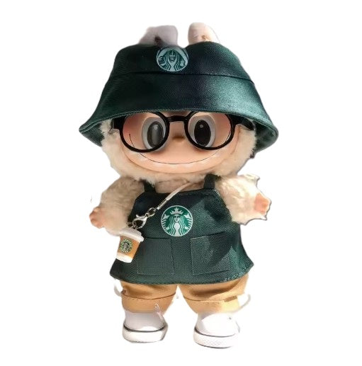 Labubu doll outfit with Starbucks-themed hat, apron, pants, glasses and coffee cup for 17cm dolls