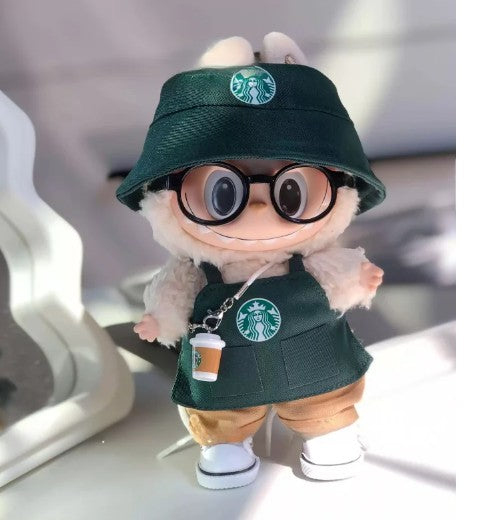5-Piece Labubu Coffee Barista Outfit for 17cm Labubu Doll – Hat, Apron, Shorts, Glasses & Coffee Cup (No Shoes)