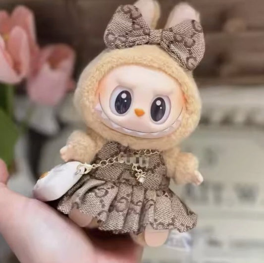 Luxury brown monogram doll dress set with bow and white purse for 17cm Labubu dolls