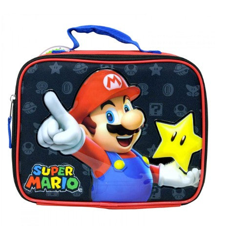 "Front of Super Mario insulated lunch bag featuring Mario holding yellow star"

