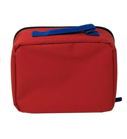 "back view of red Super Mario lunch tote with blue handle"
