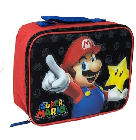 "Side view of red Super Mario lunch tote with blue handle"

