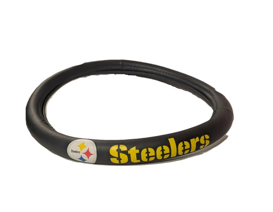 Pittsburgh Steelers vinyl steering wheel cover with bold yellow logo

