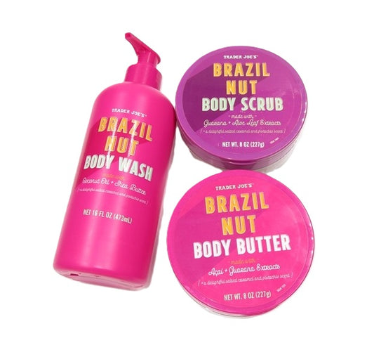 Trader Joe’s Brazil Nut Body Care Set – Body Wash, Body Butter, and Body Scrub in pink packaging

