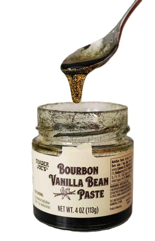 Trader Joe’s Bourbon Vanilla Bean Paste 4 oz glass jar with rich, dark vanilla specks – perfect for baking and flavoring drinks.

