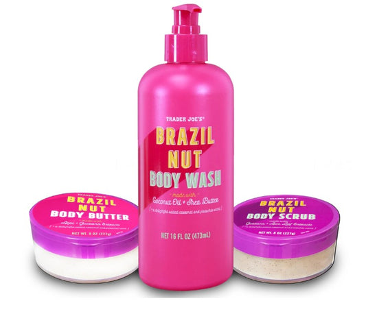 Trader Joe’s Brazil Nut Body Care Set – Body Wash, Body Butter, and Body Scrub in pink packaging

