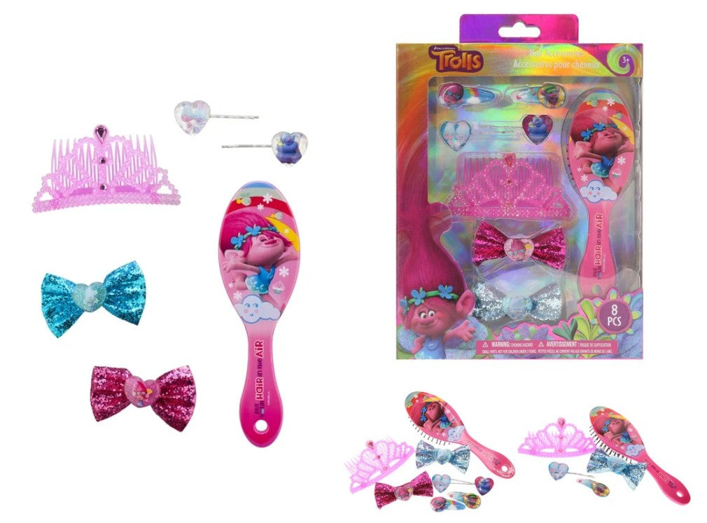 Glittery Trolls-themed bobby pins, clips, and brush displayed out of packaging

