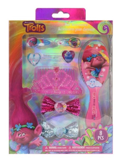 Complete 8-piece Trolls hair kit laid out including tiara, bows, and clips

